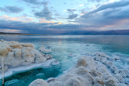 Salt deposits like mushrooms on the shore of the Dead Sea, sunrise, Israel