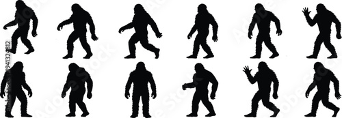 Bigfoot sasquatch silhouettes collection, mythical forest creature walking poses set, cryptid monster shadow figures, folklore legend illustration isolated