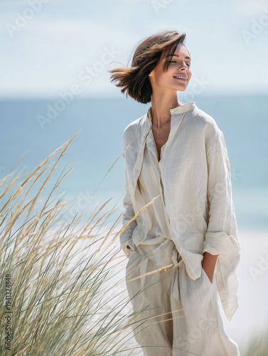 Young woman in a light linen outfit enjoying a peaceful moment on a sandy beach with sea breeze and natural coastal scenery.