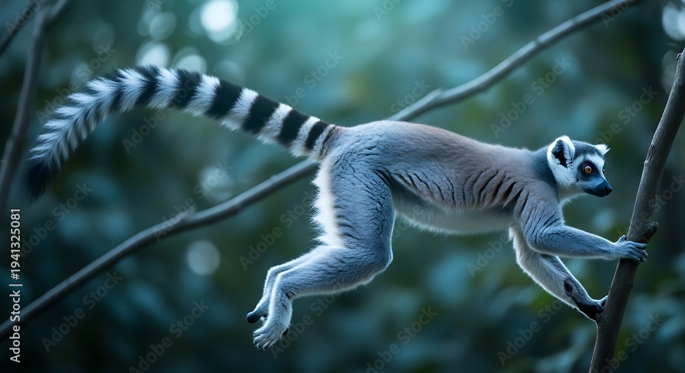 Fototapeta premium Ring tailed Lemur Jumps Between Tree Branches