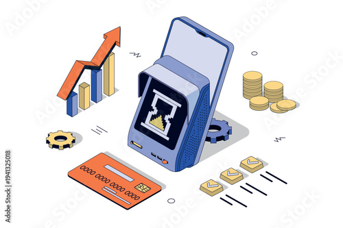 Easy payment and mobile banking 3d isometric concept in isometry design for web. Online shopping with credit card cashless paying of pos terminal with nfc, buying in retail store. Vector illustration.