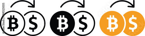 Minimalist cryptocurrency and fiat currency exchange icon set with outline, black and orange designs showing Bitcoin to dollar conversion