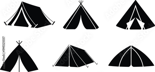 camping tent silhouette set, outdoor adventure shelter collection, black campsite tent icons, travel camping equipment shapes, isolated vector illustration