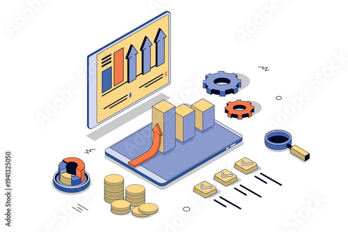 Financial planning 3d isometric concept in isometry design for web. Finance charts and graphs analysis, accounting balance and bookkeeping asset, expense and savings management. Vector illustration.