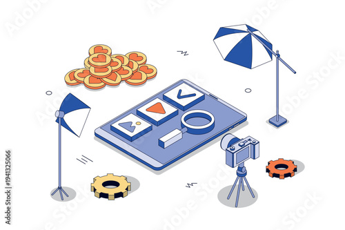 Media content creation 3d isometric concept in isometry design for web. Recording video or movie in studio with camera and lights, entertainment content production for blogs. Vector illustration.
