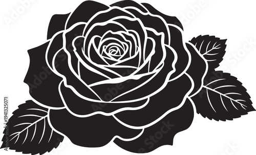 Black Rose Silhouette with White Outline and Leaves Illustration