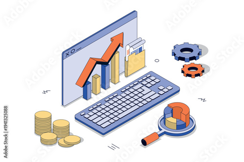 Online business 3d isometric concept in isometry design for web. Analyzing digital invoices and reports, making marketing strategy, planning finance strategy and investments. Vector illustration.