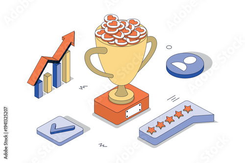 Review and rate evaluation 3d isometric concept in isometry design for web. Customer satisfaction feedback, quality rank with opinions, top places score and trust for business. Vector illustration.
