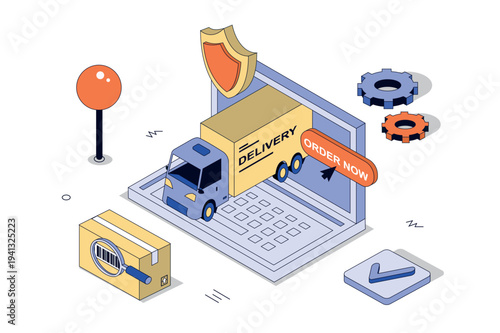 Safe delivery 3d isometric concept in isometry design for web. Truck shipping logistic, express freight and global transportation to warehouse, tracking parcel package service. Vector illustration.