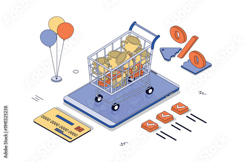 Reward program 3d isometric concept in isometry design for web. Customer loyalty system with bonuses, special offers and discount tags for purchases, store promotion strategy. Vector illustration.