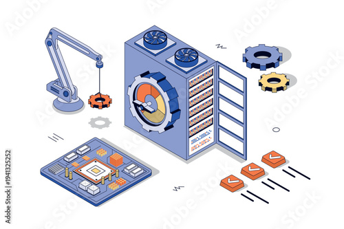 Server maintenance 3d isometric concept in isometry design for web. Hardware racks diagnostics and troubleshooting, monitoring and control center system, upgrade infrastructure. Vector illustration.