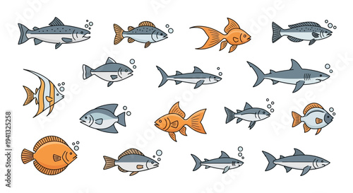 Variety of cartoon fish species.