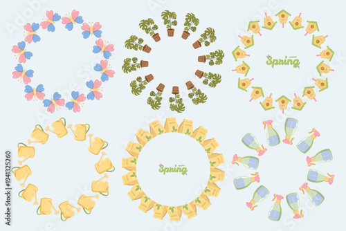 Six circular wreath designs butterflies in pink and blue, potted plants with green leaves, yellow birdhouses with pink roofs and HAPPY Spring text, yellow watering cans, seed packets labeled SEEDS