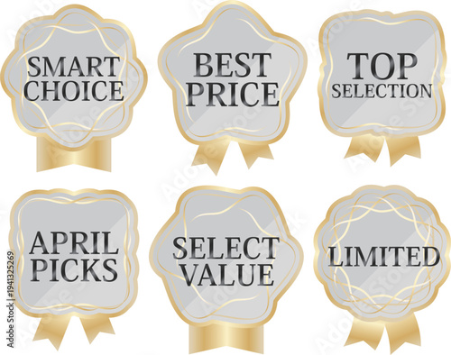 高級感のある春の販促エンブレム6種セット　ペールグレー＆ゴールド