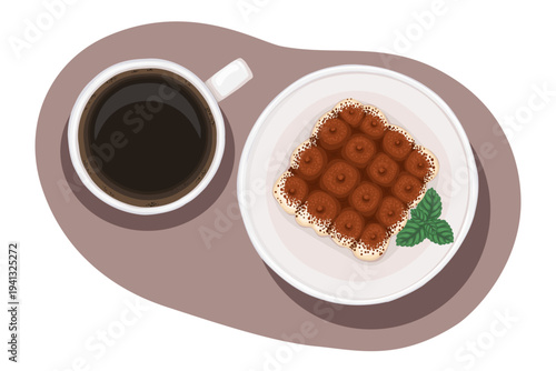 Italian tiramisu and espresso coffee top view vector food illustration. Hand drawn composition with cake and mint leaf on plate. Cream dessert for cafe menu design. Perfect for restaurant packaging.