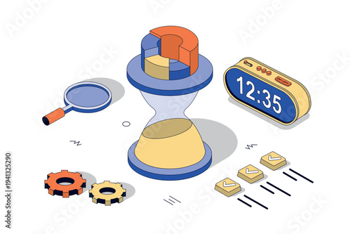 Time management 3d isometric concept in isometry design for web. Productivity and project management, hourglass reminder to deadline, schedule organisation and priority plan. Vector illustration.