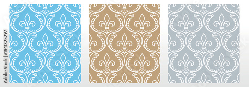 Wallpapers in the style of Baroque.. Set of colored floral ornaments. Seamless vector backgrounds Graphic patterns for fabric, wallpaper, packaging. Ornate Damask flower illustration