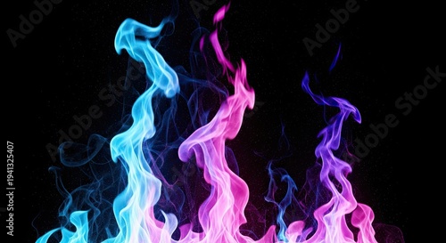 Vibrant pink, blue, and purple flames rising against black background