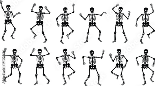 Dancing skeleton silhouettes collection, Halloween spooky bones characters dancing poses horror party decoration vector illustration set isolated