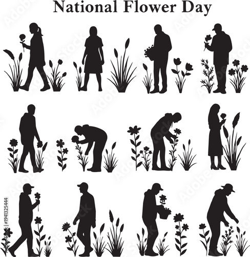 A collection of black vector silhouettes featuring men, women, and children in action, illustrating a diverse group of people engaged in sport, dance, business, and family activities