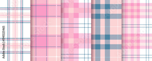 Plaid background. Tartan seamless pattern. Flannel pink textures. Set gingham fabrics. Check shirt textile. Vichy table cloth prints. Lumberjack tablecloth. Checkered cloth. Vector illustration