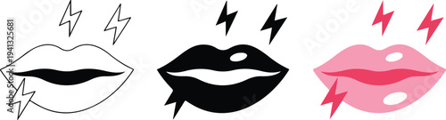 Minimalist stylized lips icon set with outline, black and pink designs featuring lightning bolt accents in clean vector style