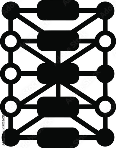 Black and white graphic representation of interconnected lines and shapes