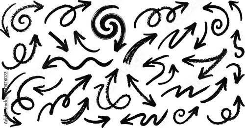 Hand drawn sketchy black arrow doodles set with curvy marker pen directional symbols pointer icons. arrows are created with a marker pen look, featuring curvy lines and playful ... 
