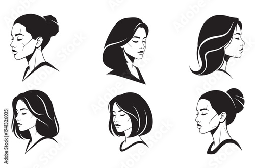 Set of six beautiful women portraits with closed eyes vector illustration in black and white minimalist style isolated on transparent background