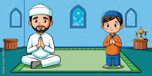 Little boy praying alongside his father during Ramadan