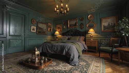 Luxury vintage bedroom with dim lighting cozy elegant antique decor nighttime