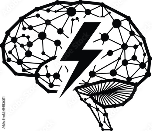 Black and white illustration of brain with lightning bolt and molecular structure