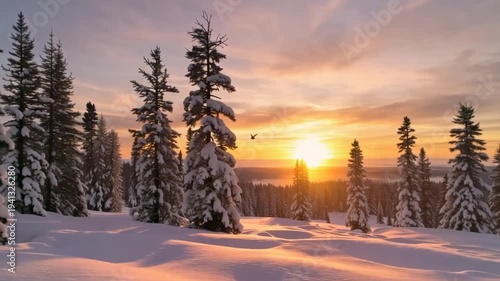 Snowy forest at sunset with trees.