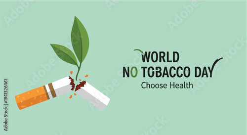 Broken Cigarette with Green Leaves in Minimalist Design with Soft Mint Green Background for World No Tobacco Day Campaign