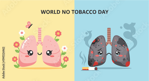 Lungs Comparison Healthy vs Smoker in Cartoon Style with Vibrant Colors on World No Tobacco Day for Health Awareness