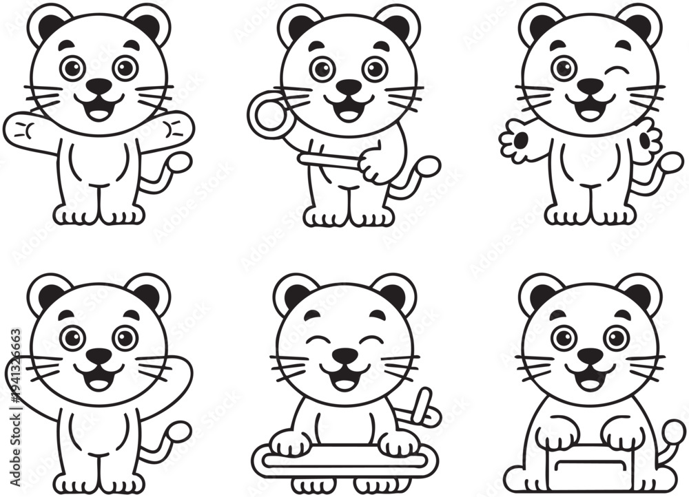 Obraz premium Six cartoon black and white lions with different playful poses and Coloring Book page Bundle