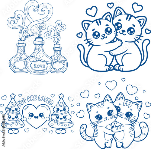 Romantic cartoon of love potions hugging cats and festive Christmas trees Coloring Book page Bundle