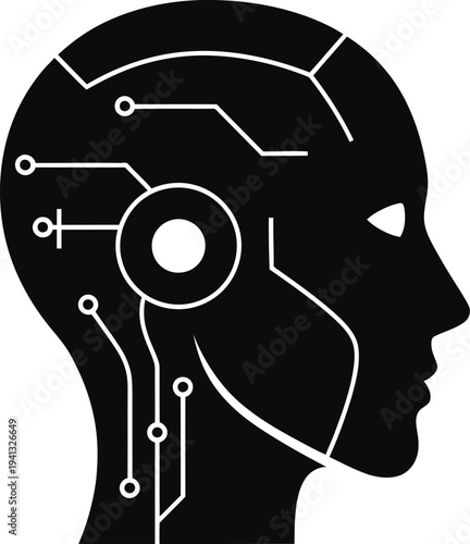 Black and white illustration of human head with circuit board lines and dots