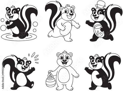 Six cartoon black and white skunks with different playful poses and Coloring Book page Bundle