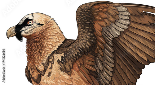 Close-up of a Bearded Vulture with outstretched wings, detailed illustration