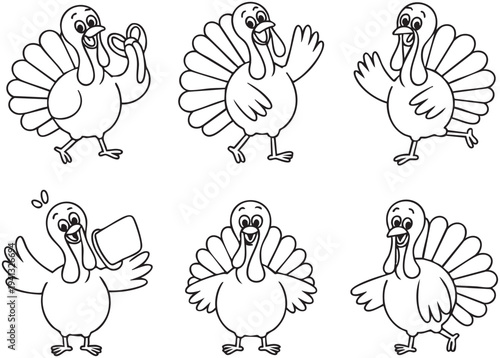Six cartoon black and white turkeys with different playful poses and Coloring Book page Bundle