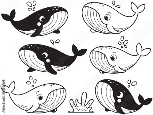 Six cartoon black and white whales with different playful poses and Coloring Book page Bundle
