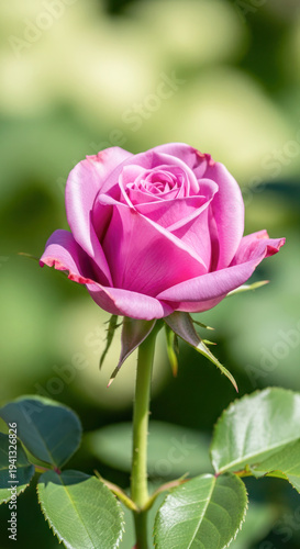 Pink rose flower blooming with delicate petals and green leaves against a blurred background of foliage in a garden setting