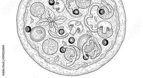 Hand-drawn pizza illustration with pepperoni, olives, mushrooms, and basil leaves