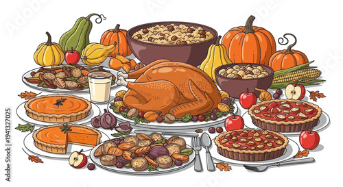 Thanksgiving Dinner Feast: Roasted Turkey, Pies, and Autumn Vegetables
