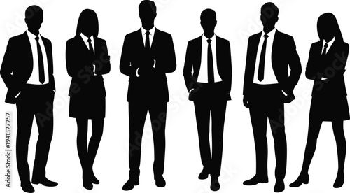 Collection of Diverse Business Professional and Casual Men and Women Silhouettes Standing in Rows Isolated on White Background Vector Illustration for Corporate Teamwork Concepts