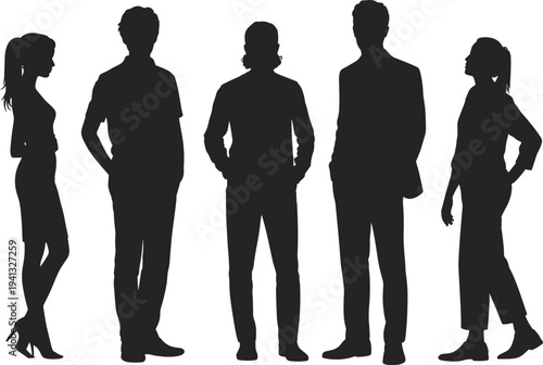 Collection of Diverse Business Professional and Casual Men and Women Silhouettes Standing in Rows Isolated on White Background Vector Illustration for Corporate Teamwork Concepts