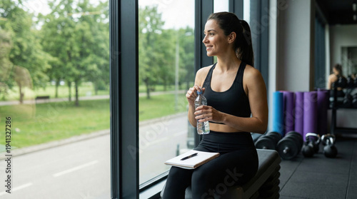 Fitness woman gym workout sportswear water bottle window sitting notebook Female fitness woman gym workout sportswear water bottle by window sitting notebook resting after training session feeling Free Download Fitness woman gym workout sportswear water bottle window sitting notebook Female fitness woman gym workout sportswear water bottle by window sitting notebook resting after training session feeling - GFXLoad