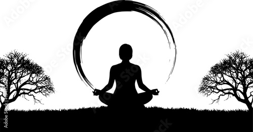 en Meditation and Spiritual Wellness Silhouette Set - Buddha Sitting in Lotus Pose and Chakra Harmony Vector