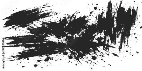 A grungy black ink splat texture featuring artistic paint splashes and a liquid drip design element on a dirty vector illustration frame
